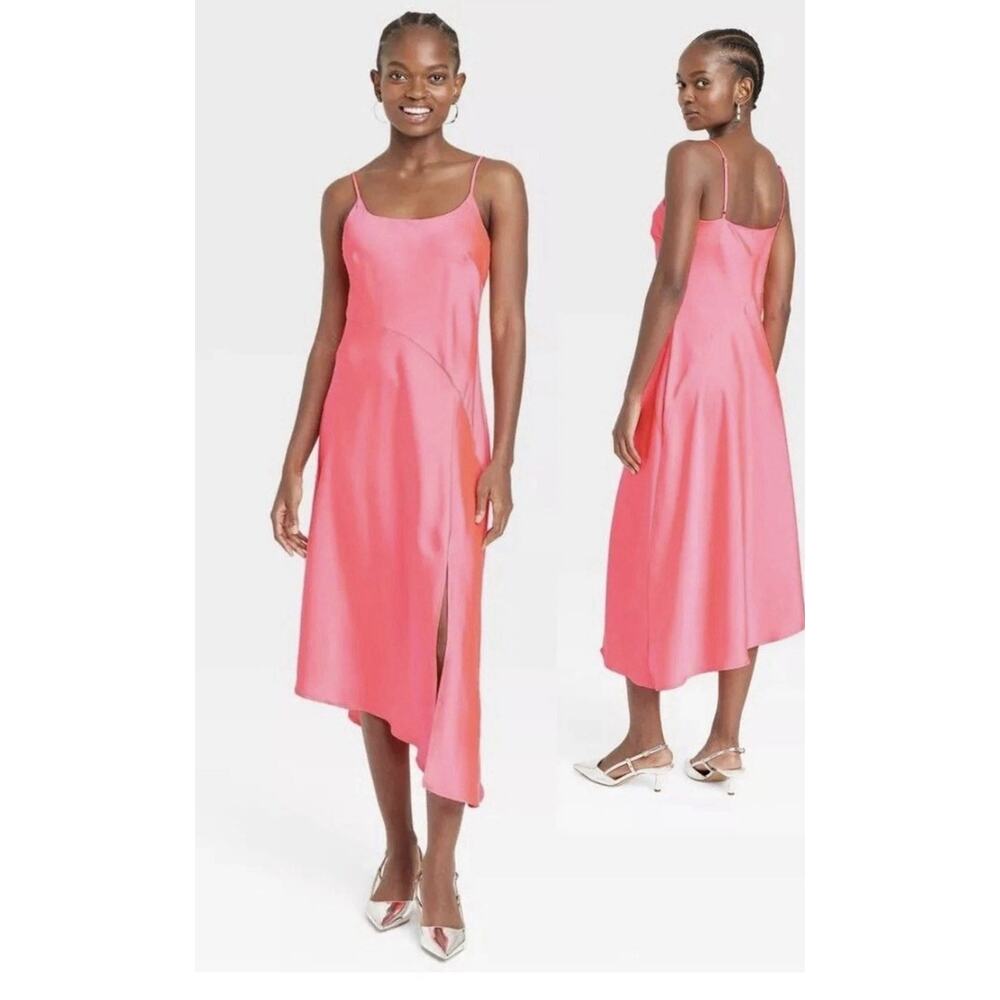 A New Day Women's Asymmetrical Midi Slip Dress Neon Pink Size XXL NWT